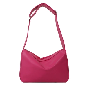 Minimalist rose red crescent shoulder bag with soft leather texture and adjustable strap