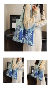 Detail view of knitted tote bag with blue forest pattern and textured woven finish