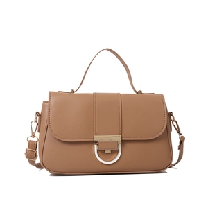 Classic khaki PU leather handbag with gold metal clasp and adjustable strap for women