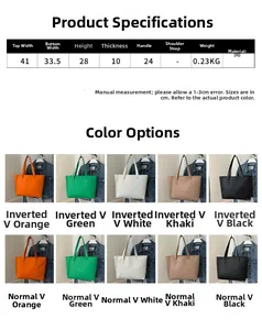 Detailed size chart and multi-color selection of large PU leather quilted tote bags