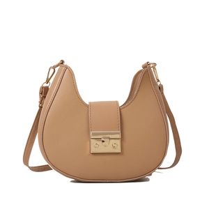 Khaki minimalist saddle shoulder bag with gold metal clasp on a clean white background