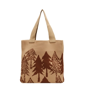 Beige knitted tote bag with brown pine tree patterns and wide handles in a minimal style
