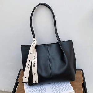 Women Large Capacity Tote Bag PU Leather Shoulder Bag With Ribbon Decoration Retro Commuter Casual Handbag For Lady