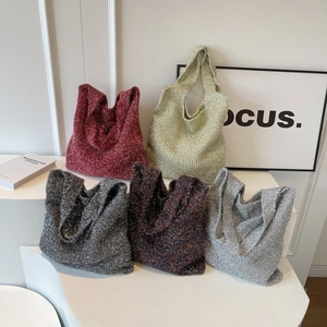 Women Knitted Tote Bag Metallic Glitter Yarn Shoulder Bag Large Casual Woven Handbag For Autumn Winter Daily Travel