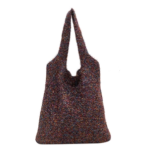 Rainbow metallic knit shoulder bag with glittering textured yarn and a minimalist tote design