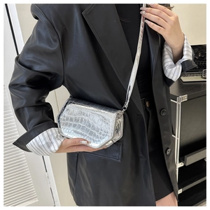 Detail of silver crocodile pattern crossbody bag showing metallic finish and fashion text