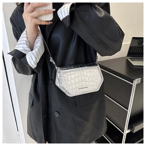 Silver crocodile pattern mini crossbody bag with metal chain shown on model in modern office