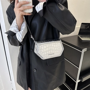 Silver crocodile embossed mini square crossbody bag with metallic finish and hex design