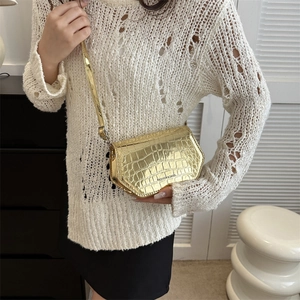 Golden crocodile embossed patent leather crossbody bag with metal finish for women