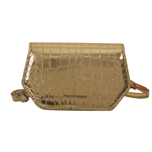 Gold crocodile pattern crossbody square bag with glossy finish and fashion lettering