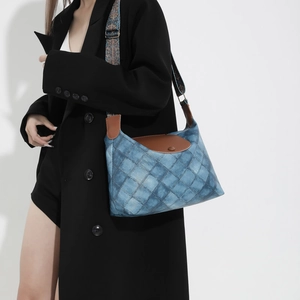 Vintage blaue gesteppte Tragetasche mit braunem Leder und Ethno-Style Schultergurt