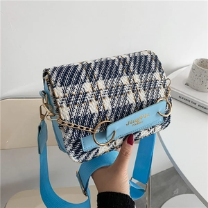 Damen Tweed Karo Umhängetasche Mode Kleine Quadratische Schultertasche Goldkette Breiter Riemen Lässige Stilvolle Reisehandtasche