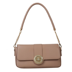 Elegant light brown leather crossbody bag with sparkling crystal buckle and chain strap