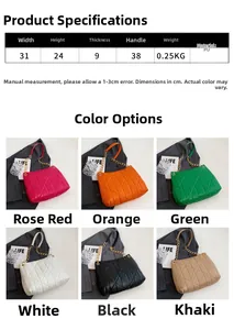 Detailed size specification chart and color variety for PU chain shoulder tote bags