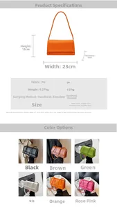 Infographic showing dimensions and six color options for the PU leather baguette bag