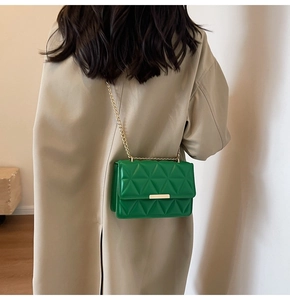Model wearing a green quilted crossbody bag with gold chain strap and metallic closure