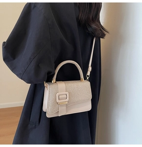 Detail of minimalist beige crossbody bag with glitter texture and gold decorative buckle