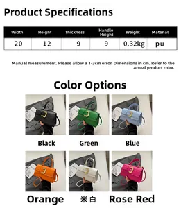 Detailed size specifications and six color variants of the croc-pattern PU crossbody bag