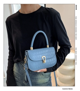 Borsa blu con stampa coccodrillo, fibbia a morsetto dorata e manico superiore fisso