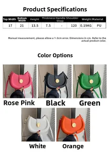 Detailed size chart and multi-color options for the minimalist PU leather crescent bag