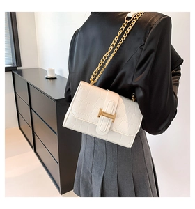 Detail shot of white croc-embossed shoulder bag with golden H buckle and chain strap