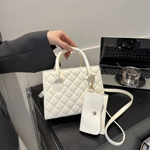 Women Quilted PU Leather Handbag With Mini Pouch Chic Rhombic Pattern Shoulder Crossbody Bag For Office Work