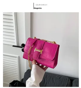 Detail of rose red stone pattern crossbody bag with gold chain strap and H-clasp