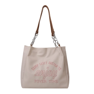 Beige tote bag with pink letter embroidery and leather chain handles in a large capacity