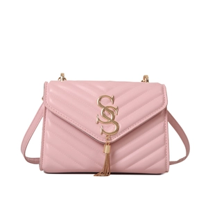 Pink quilted crossbody bag with V-shaped stitching and golden S-shaped tassel buckle