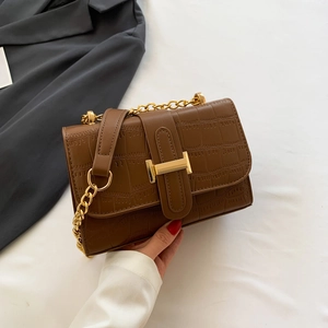 Dark brown crocodile embossed crossbody bag with golden H clasp and chain strap