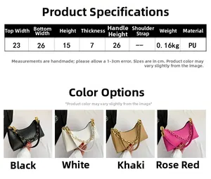 Detailed size chart for crocodile pattern shoulder bag showing dimensions and colors