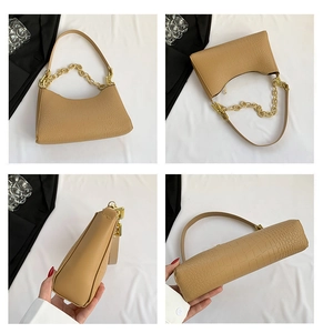 Multi-angle view of khaki crocodile pattern shoulder bag with gold chain strap detail