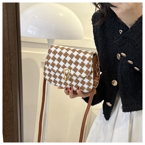 Detail of plaid saddle bag with gold horseshoe clasp and slim brown leather strap