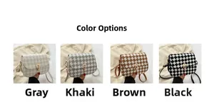 Detailed color display of wool plaid saddle bags in khaki, grey, brown, and black