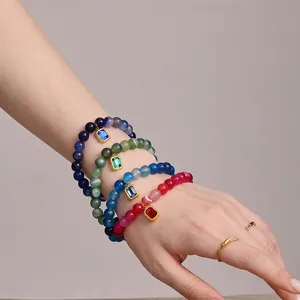 Natural Agate Beaded Bracelet For Women Elegant Stainless Steel Rectangular Gemstone Pendant Elastic Fashion Jewelry