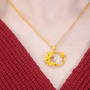 Golden Chinese zodiac rabbit necklace with white jade-like bunny pendant for women
