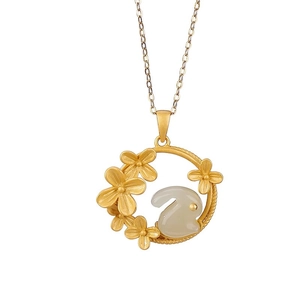 Elegant gold flower rabbit pendant necklace with white jade rabbit for women