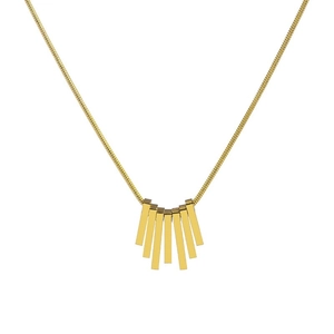 Golden titanium steel necklace with fanned vertical square bar pendants on a snake chain