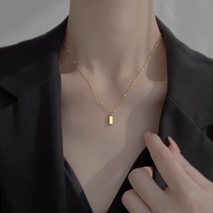 Minimalist Rectangle Pendant Necklace Titanium Steel Gold Brick Geometric Satellite Bead Chain Clavicle Jewelry Women