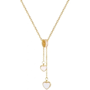 Collier Y doré 18 carats avec doubles cœurs en nacre et anneau coulissant serti de zircons
