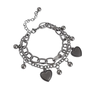 Vintage double-layer steel bracelet with heart charms and beads in dark grey finish