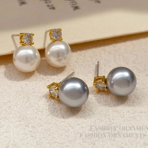 Elegant French style pearl stud earrings with round white and grey pearls and zircon