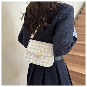 Detail of tweed saddle bag with gold horseshoe clasp on a crossbody strap worn by a model