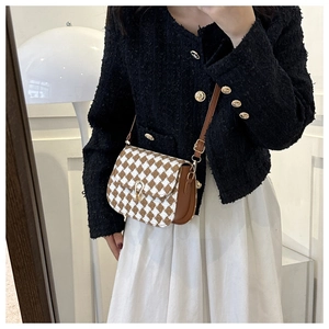 Detail of a brown houndstooth crossbody bag with gold buckle and adjustable strap