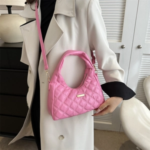 Pink quilted shoulder bag with diamond pattern and gold hardware for women fashion