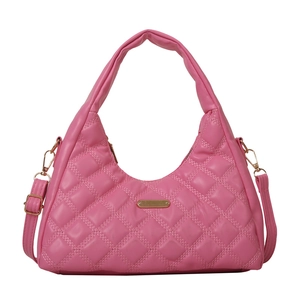 Pink quilted PU leather handbag with gold hardware and adjustable strap for women