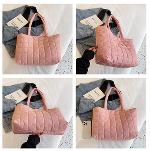 Detailed views of the pink quilted tote bag showing size comparison and soft texture