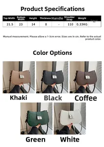 Detaillierte Größentabelle und fünf Farboptionen für PU-Schultertasche mit Krokostruktur