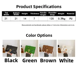 Detailed size chart and color options for the stylish PU leather crossbody square bag