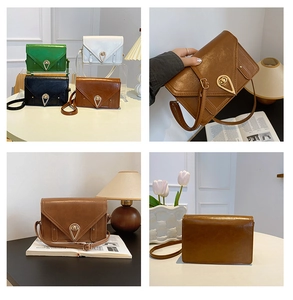 Collage of four stylish envelope crossbody bags with metallic drop-lock in multiple colors